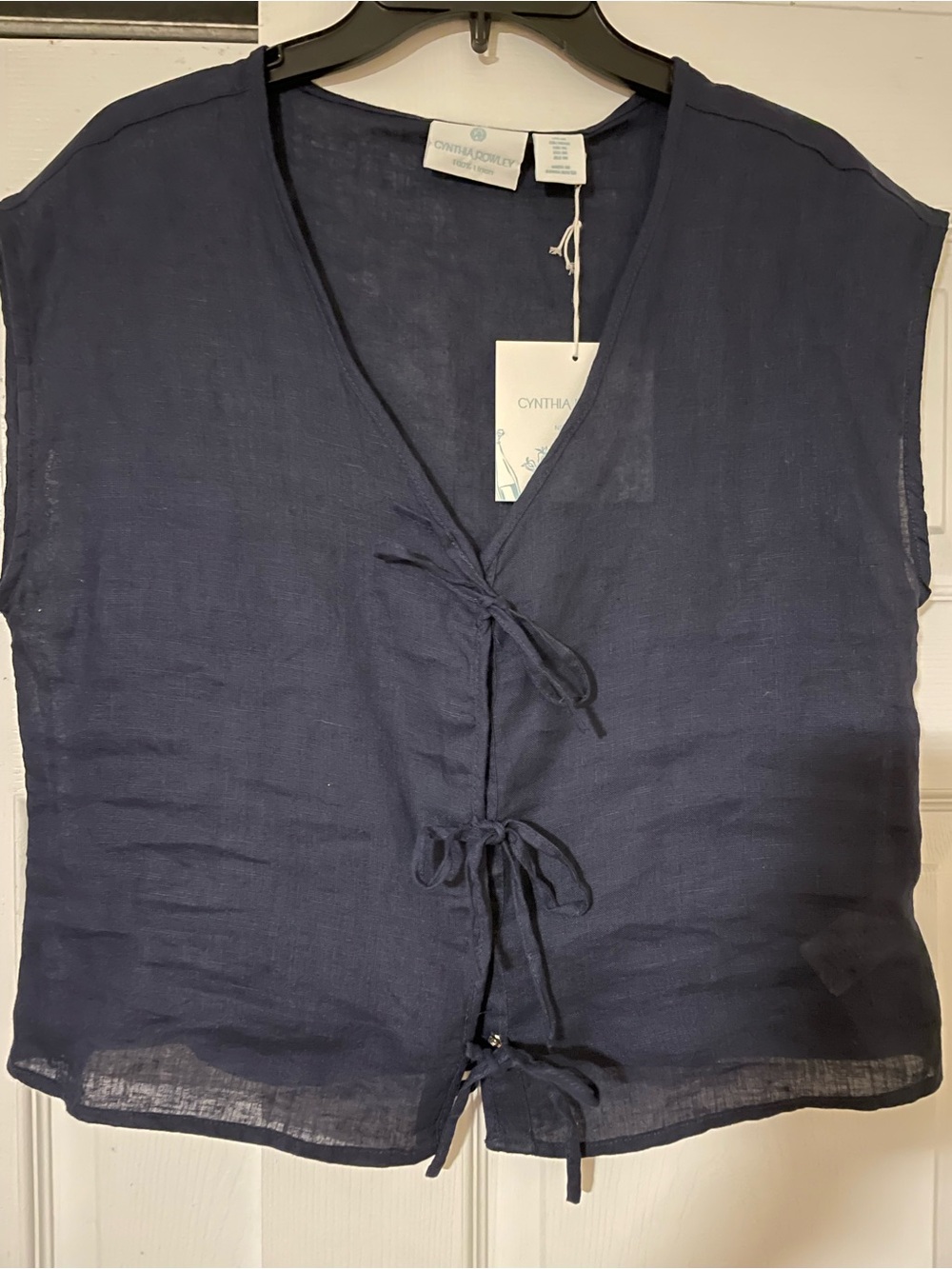 Cynthia Rowley Navy Tie-Front/snap V-Neck Linen Top